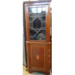 Edwardian mahogany inlaid astragal glazed free standing corner cabinet. (B.P. 21% + VAT)