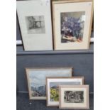 Collection of assorted furnishing pictures including coloured prints, watercolours, etching After