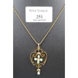 9ct gold Edwardian pearl and turquoise pendant on 9ct gold chain. 5.8g approx. (B.P. 21% + VAT)