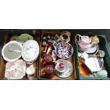 Three boxes of mostly china to include: James Kent Ltd Du Barry cake stand, tray and milk jug,