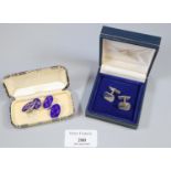 925 silver and blue enamel cufflinks with fleur de lys design together with another set of silver