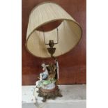 Continental porcelain table lamp in the form of a young musician on a naturalistic and gilt metal