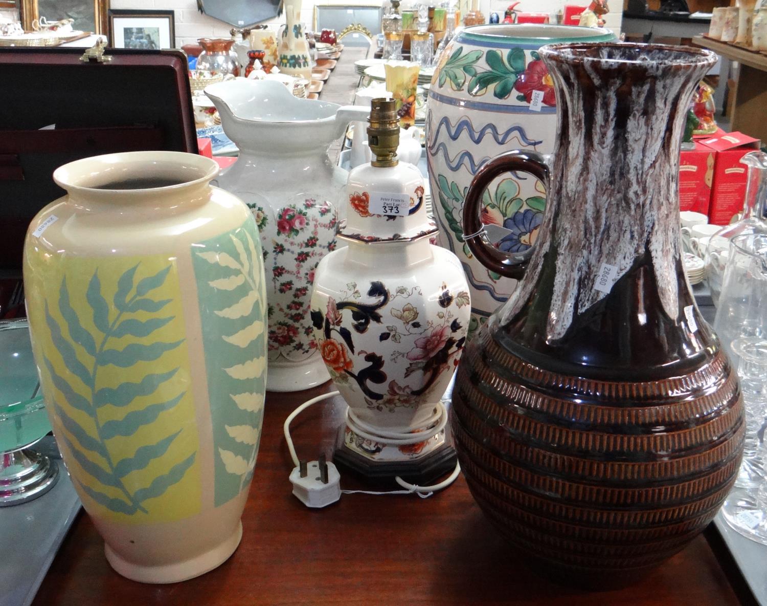 Five large ceramic items to include: a Mason's Ironstone 'Mandalay' design table lamp base, two