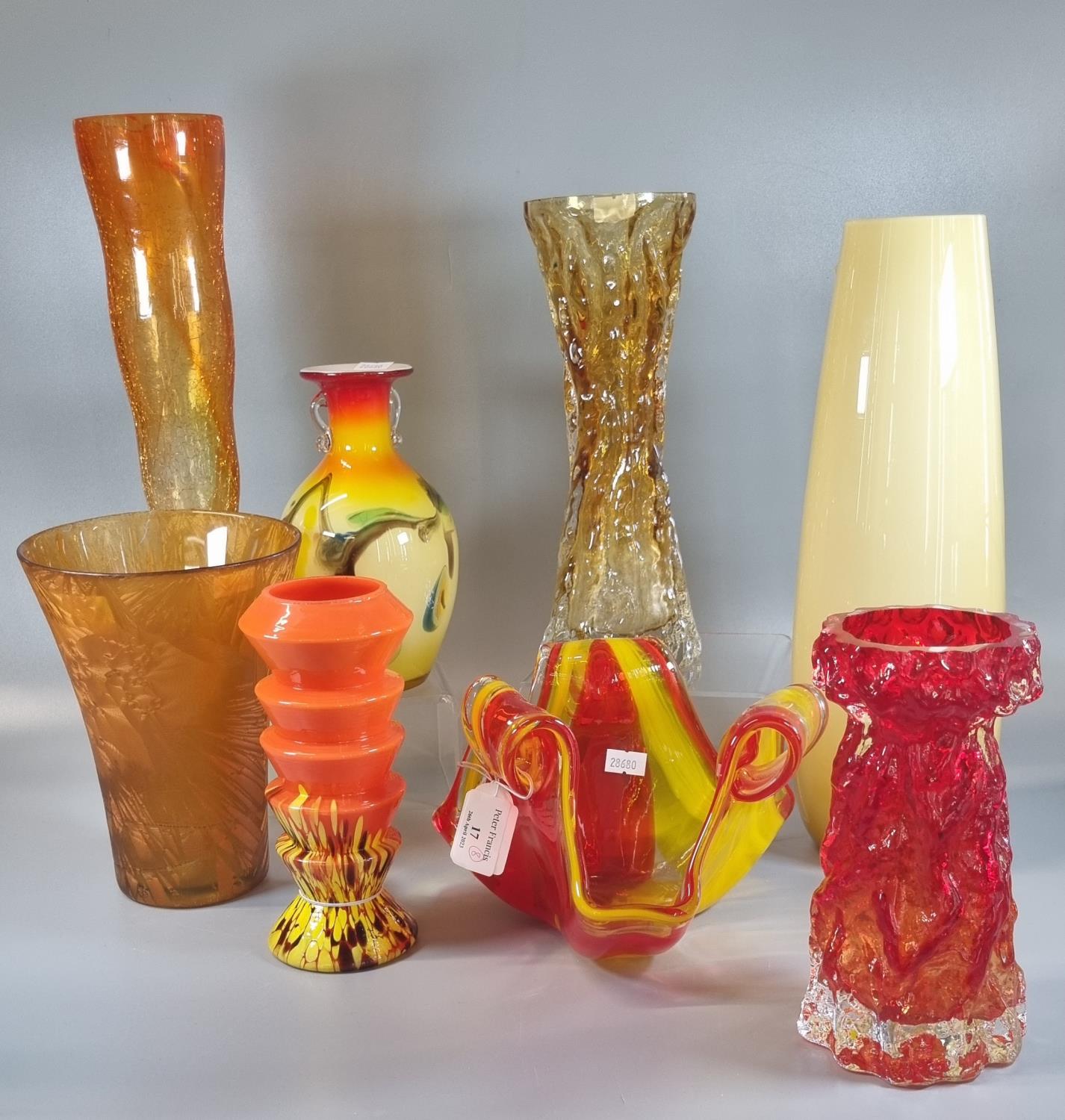 Collection of Mid-Century and other Art glass, mainly vases, to include: Whitefriars style bark