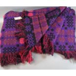 Vintage woollen Welsh tapestry purple ground blanket or carthen with fringed edge and 'Derw