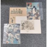 Three unframed Japanese woodblock prints, two figure studies and one floral 19th Century mounted