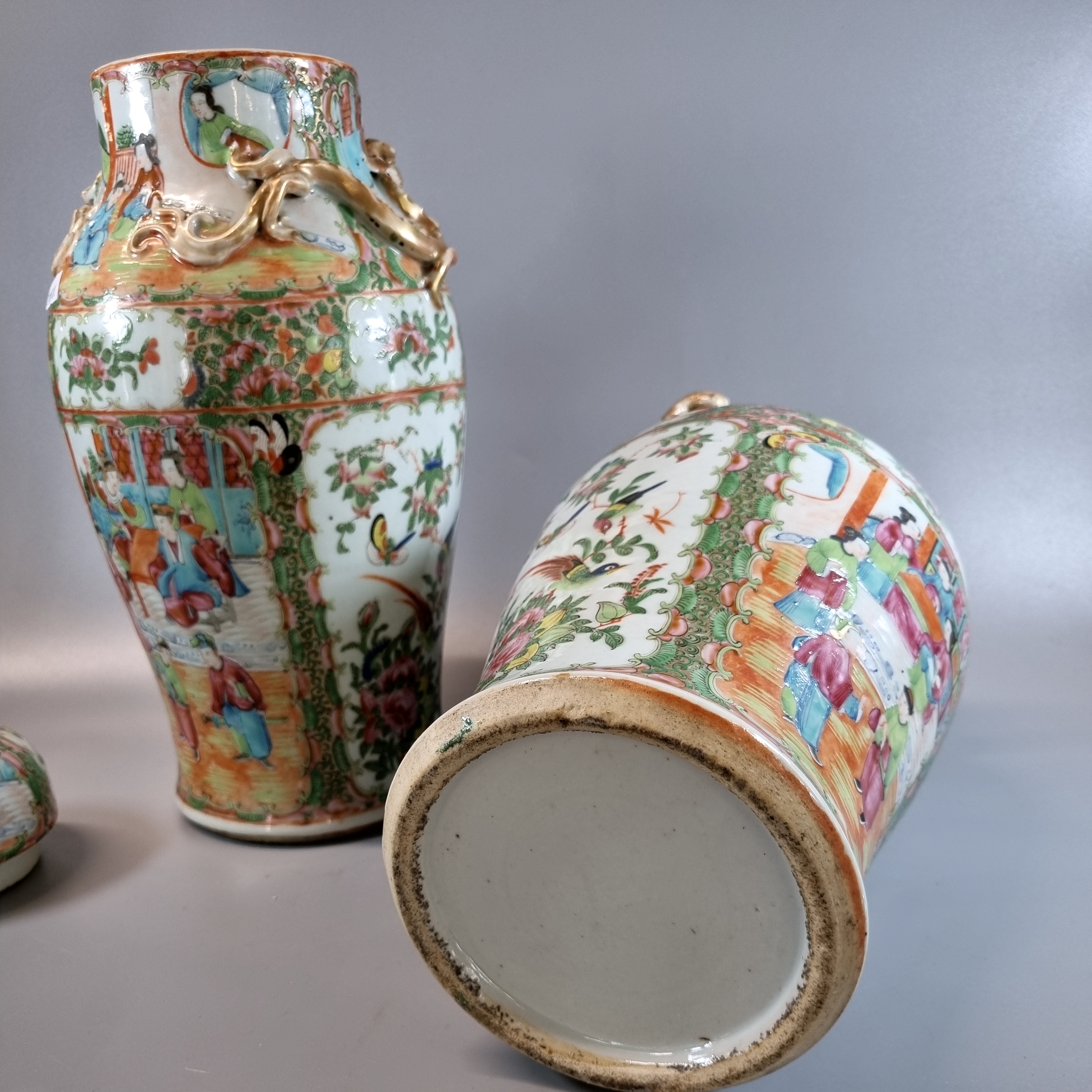 Pair of Canton famille rose baluster vases and covers, decorated all over with panels of figures - Image 3 of 8