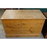 Pine trunk/blanket box of plain rectangular form. (B.P. 21% + VAT)