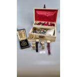 Jewellery box of assorted costume jewellery, brooches, beads, earrings etc. Together with another