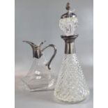 Art Deco Italian hexagonal lead crystal glass claret jug decanter with silver plated spout, together