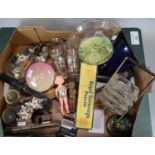 Box of oddments, to include: liqueur glasses, dressing table items, Victorian embosser, thimbles