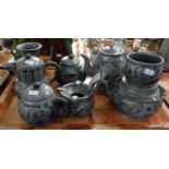 Eight piece Chinese tea ware and other items, overlaid with white metal dragon mounts, ceil mark