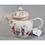 Small Chinese porcelain bullet shaped globular teapot with loop handle, painted in coloured