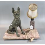 Spelter and veined marble sculptural table lamp with dog mount. Mid Century. (B.P. 21% + VAT)