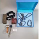 Bag of assorted jewellery and watches, lapis beads etc, Japanese bronzed metal box etc. (B.P.