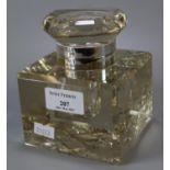 Large glass desk inkwell of square form with silver collar. (B.P. 21% + VAT)
