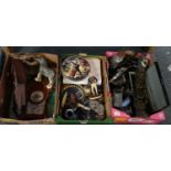 Three boxes of oddments, to include: heavy metal chess set, horse brasses on leather straps, Star