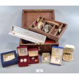Wooden jewellery box comprising: assorted costume and other jewellery, a pin cushion in the form