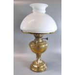 20th century brass oil lamp with opaline glass mushroom shade. (B.P. 21% + VAT)