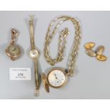 Two 9ct gold watches and a plated gilt metal hunter pocket watch, gilt chain etc.