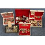 Four jewellery boxes and another box comprising assorted costume jewellery to include: cufflinks,
