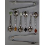 Set of sterling silver bamboo design coffee spoons with semi-precious stone set terminals together