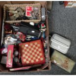Box of collectables to include: small wooden travel games set with miniature chess pieces,