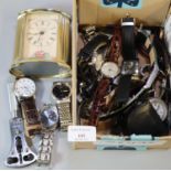 Box of assorted modern wristwatches together with a modern quartz carriage clock. (B.P. 21% + VAT)