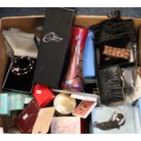 Box of assorted costume jewellery, okra vase, silver dwarf candlestick etc. (B.P. 21% + VAT)