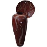 Large unusual modern abstract red ground and lacquered baluster floor vase together with a