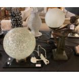 Art Deco style bronzed figural table lamp with crackle glaze globular shade together with another