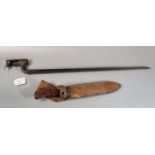 Military trench knife/bayonet in leather scabbard together with an antique socket bayonet with