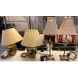 Pair of modern copper finish baluster table lamps with shades together with another pair of table