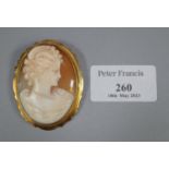 9ct gold shell cameo portrait brooch. (B.P. 21% + VAT)