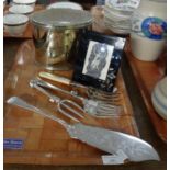 Tray of silver plate, to include: forks, cake slice, biscuit tin etc. (B.P. 21% + VAT)