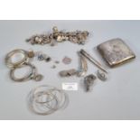 Bag of assorted silver to include: bangles, thimbles, brooches, cigarette case, charm bracelet