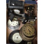 Box of assorted clocks and garnitures to include: wooden black lacquered mantel clock, hardstone and