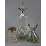 Mappin & Webb dimple glass decanter and stopper with silver mount together with a cut glass silver