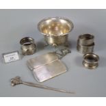 Collection of silver, to include: five napkin rings, Walker & Hall sucrier, ladies engine turned