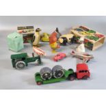 Collection of mainly tin plate toys, to include: clockwork animals, Tri-ang Minic farm tractor