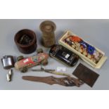 Box of oddments, to include: tortoiseshell vanity case, vintage tinplate milk churn, clockwork