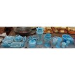 Collection of blue opaline and other glassware, to include: Lustre vases, jugs, compote, lidded