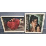 After Trechikoff, portrait of a dark haired woman,coloured print. Together with another coloured