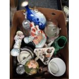 Box of assorted china and glass to include: Royal Doulton blue children vase, Dartmouth Devon fish
