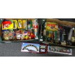 Two boxes of assorted diecast model vehicles and other toys, to include: Corgi, Scalextric