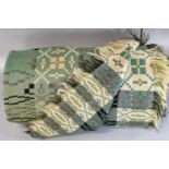 Vintage woollen Welsh tapestry blanket or carthen with fringed edge and geometric design. 227 x