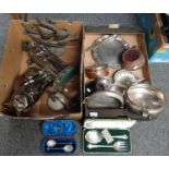 Two boxes of mostly metalware to include: Arts and Crafts style metal footed dish, various cased