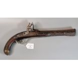 Probably Indian made flintlock muzzle loading pistol with flared barrel and studded wooden stock.