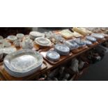 Five trays of blue and white china to include: various meat plates; Asiatic Pheasants, Llanelly