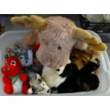 Plastic box of assorted soft toys, to include: Out of Africa gorilla, Simply Soft collection dog,